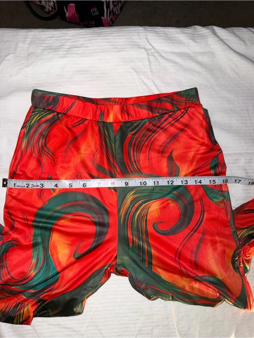 Ruched pants in Red & Green Abstract Print